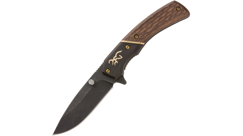 Browning Hunter Linerlock Folding Knife, Two-tone finish sculpted wood handle, 3220390B