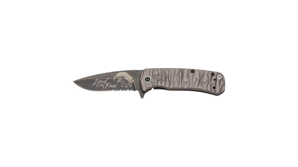 Browning Patriot Land Of The Free Knife, 2.78in, D2 Steel, Partially Serrated, Black Drop Point Blade, Black/Grey Aluminum Handle, 3220486B