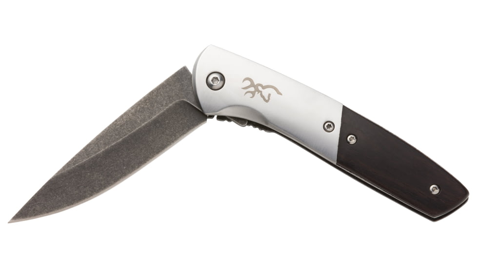 Browning Nine Mile 3in Folding Knife, Drop Point, D2 Tool Steel Blade, Wood Handle, Black, 3220471