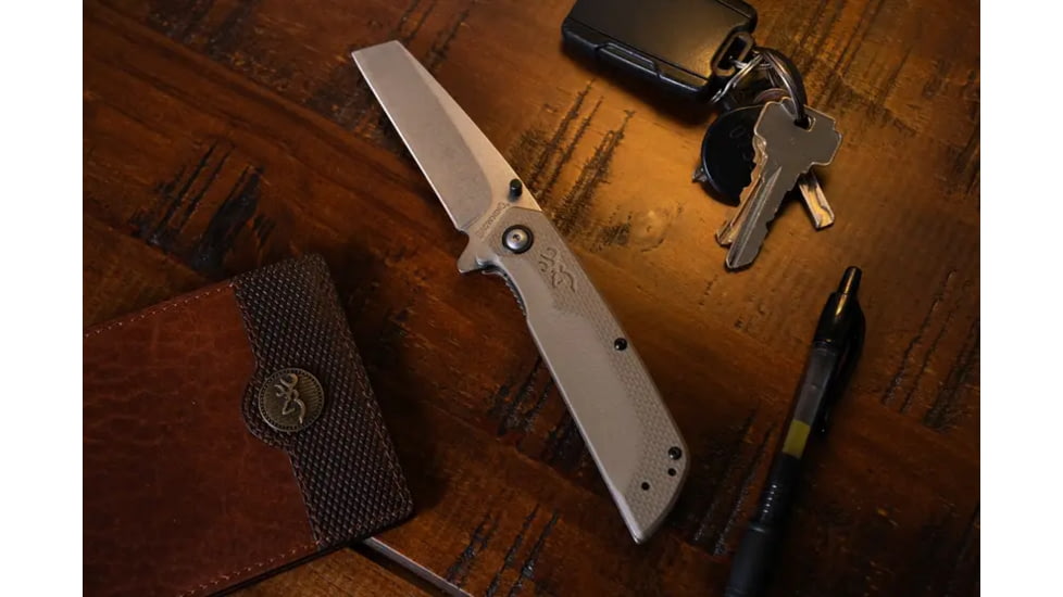 Browning Plateau Folding Knife, 3.25in, D2 High Carbon Steel, Cleaver, G10 Handle, N, 3220469