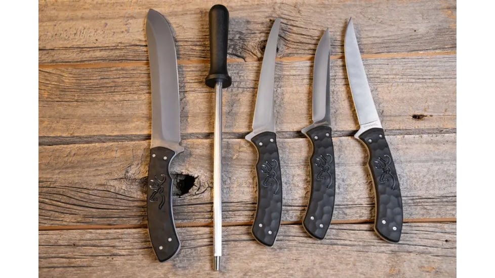 Browning Primal Fish/Game Butcher Kitchen Knife Kit, 7.5/6/5in, 8Cr13MoV, Polymer/Rubber Handle, Black, 3220446