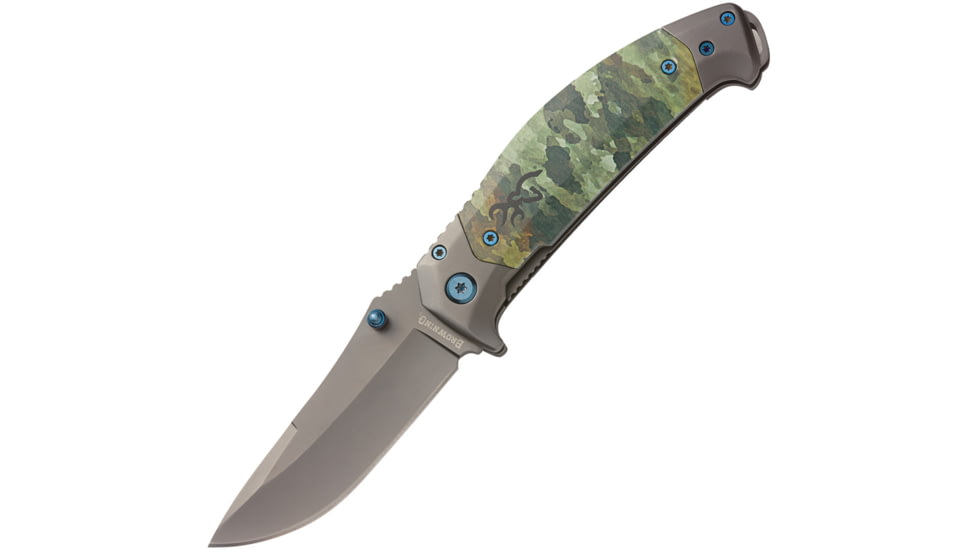 Browning TDX Linerlock Camo Folding Knife, 3.25 gray titanium coated stainless blade, Stainless handle with Camo synthetic inlay, 3220374