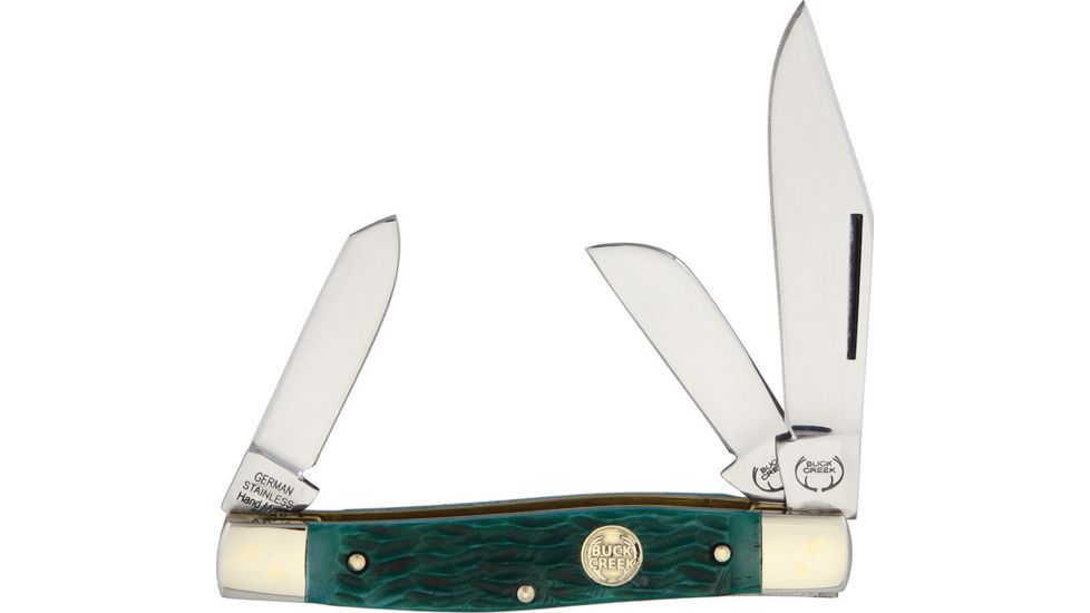 Buck Creek Big Diamond Green Pick Bone Folding Knife,German Steel,Standard Edge,Clip,Spey and Sheepsfoot,Mirror Polish BUC659GPB