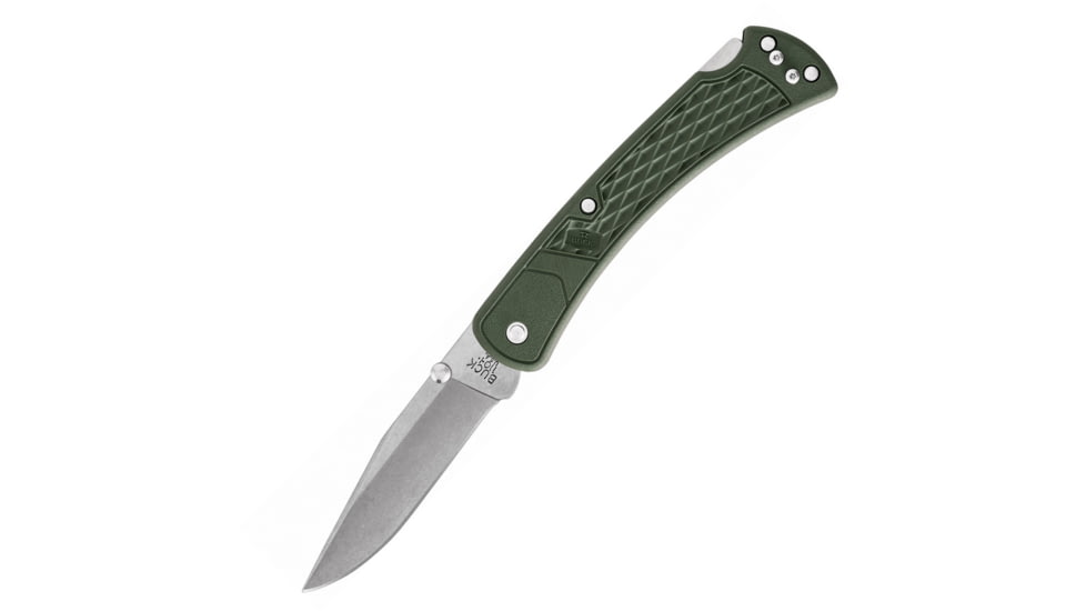 Buck Knives 110 Slim Select Lockback OD Folding Knife, 3.75 stonewash finish 420HC stainless clip point , OD green checkered glass filled nylon handle, 12695