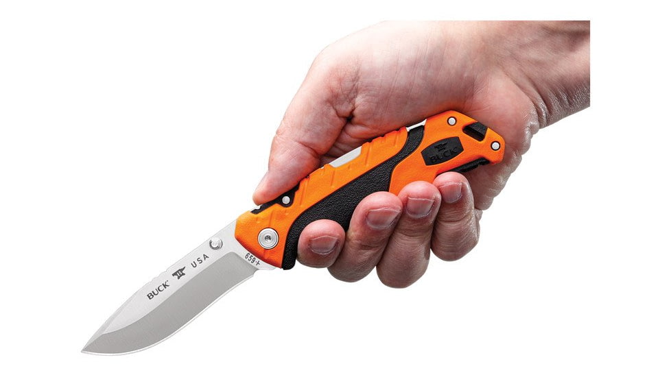 Buck Knives 659 Pursuit Pro Large Folding Knife, 3.6in S35VN Satin Drop Point, Versaflex Orange/Black Handle, 12754