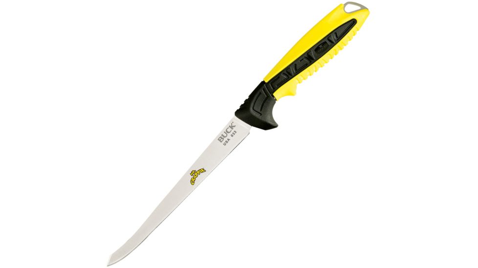 Buck Knives Mr. Crappie Slab Slinger 6.5 Fixed Blade Knife, 6.5in, Stainless Steel, Standard Edge, Black and Yellow, Nylon Handle BU033YWS