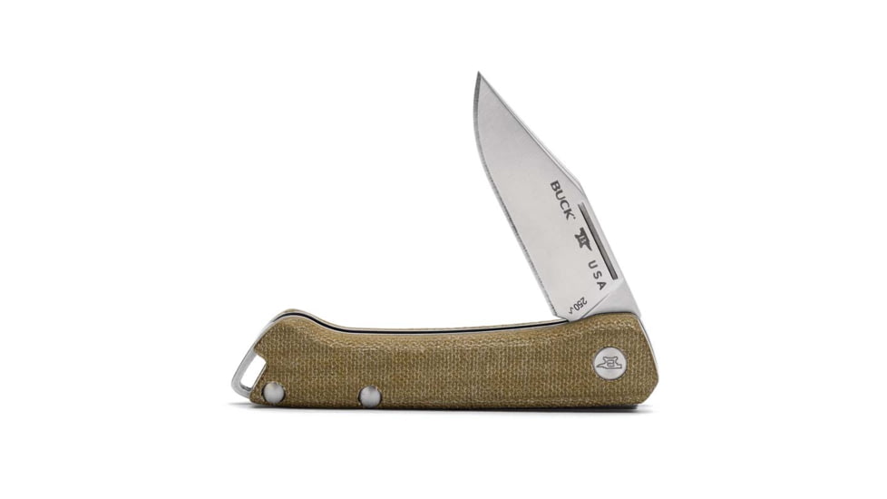 Buck Knives 250 Saunter Folding Knife, 3.75in Closed, 2.38in, 154CM SS, Satin Clip Point Blade, Green Canvas Micarta Handle, 13477