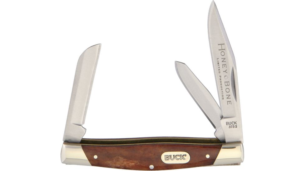 Buck Knives Stockman Trio Bone Folding Knife,Standard Edge,Clip,Spey and Sheepsfoot,Satin,Brown,Honey Bone Handle BU373BRSSM