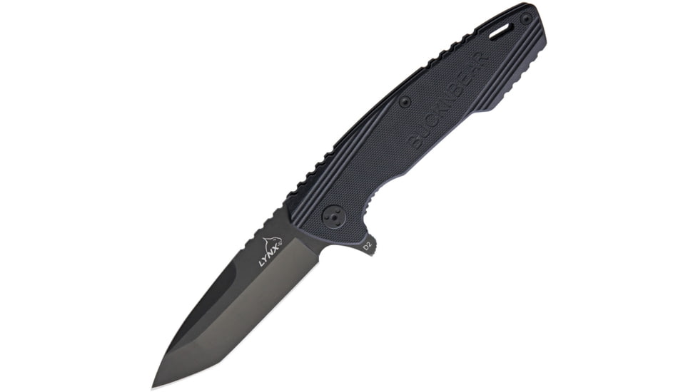 BucknBear Tactical Linerlock Folding Knife, 3.5in Black Titanium Coated D2 Tool Steel Tanto Blade, Black G10 Handle, Pocket Clip, Black, 4041