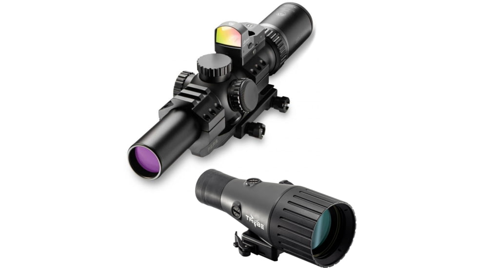 Burris RT-6 1-6x24 mm Rifle Scope, 30mm Tube, Second Focal Plane, Red Ballistic AR 5X Reticle, Matte, Black, w/TRYBE Optics Enhancer Rifle Scope Magnification Quadrupler, 200475-KIT2