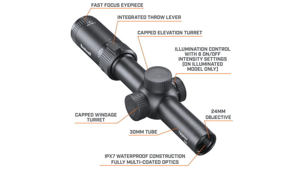 Bushnell 1-6x24 Trophy Quick Acquisition Riflescope, 30 mm, Secong Focal Plane, Dot Drop Reticle, 140 MOA, Hang Tag, Black, RT1624BS15