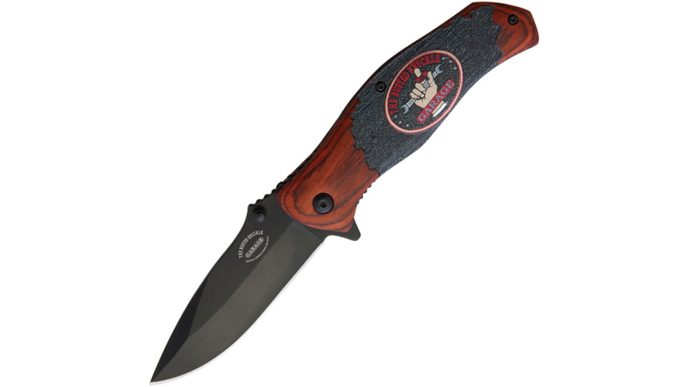 Busted Knuckle Wood Linerlock A/O Folding Knife, 3.5 black finish stainless blade, Brown pakkawood handle, BKG-A003WD
