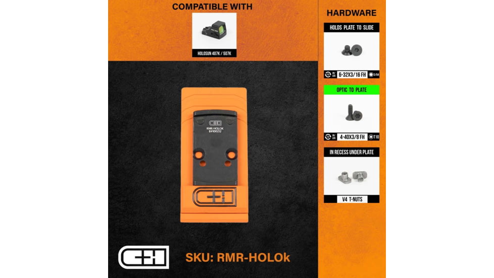 C&amp;H Precision Weapons RMR Adapter Plate, Holosun 407K / 507K, Black, RMR-HOLOK