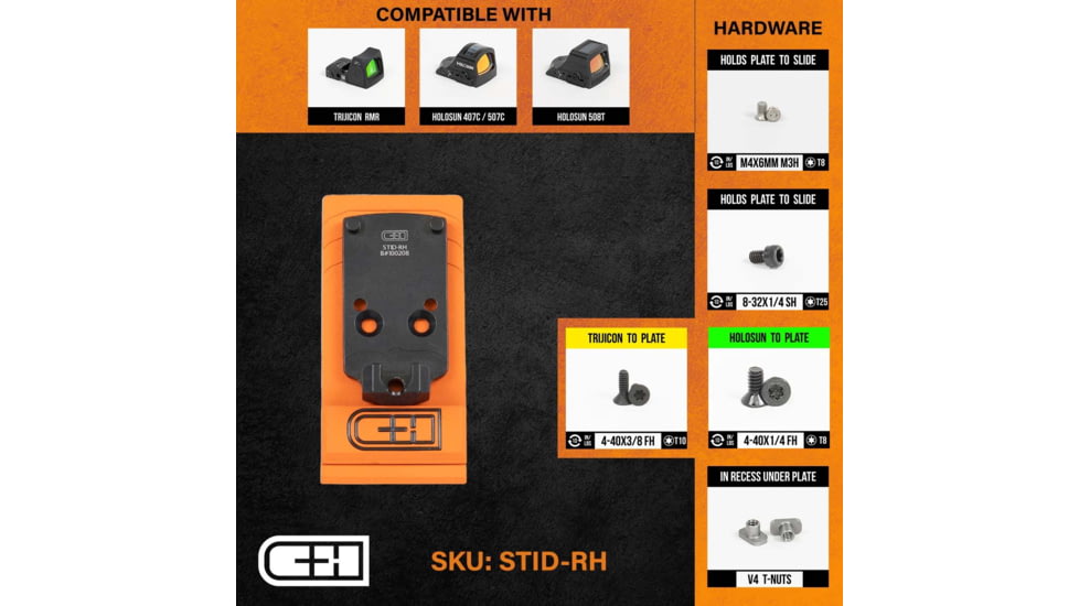 C&amp;H Precision Weapons Staccato Duo Low Witness Adapter Plate, Trijicon RMR, Holosun 407c, 507c, 508c, 508T, Black, STID-RH