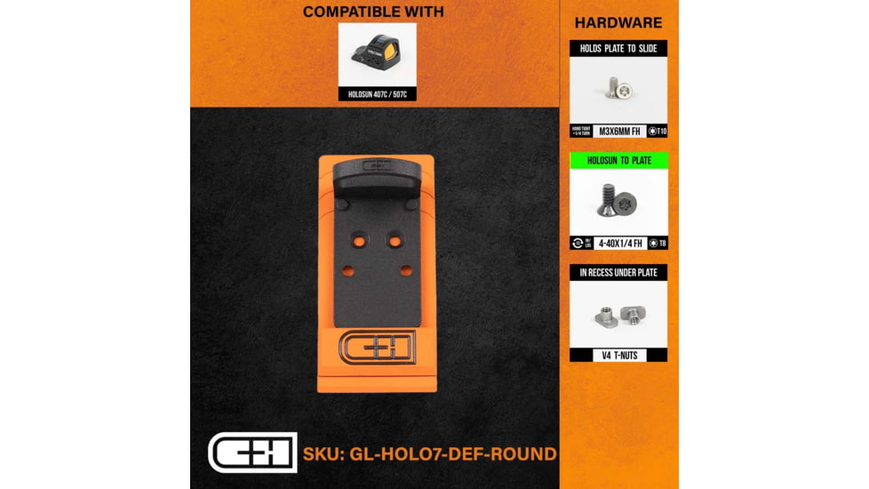 C&amp;H Precision Weapons V4 Defender MIL/LEO Adapter Plate, Glock MOS, Holosun 407C/507C Round Face, Black, GL-HOLO7-DEF-ROUND