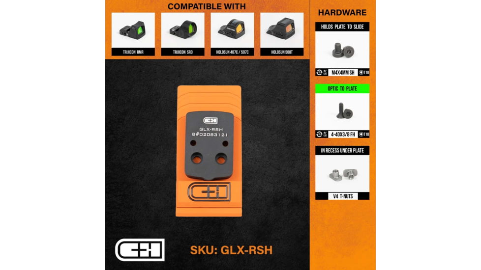 C&amp;H Precision Weapons V4 MIL/LEO Adapter Plate, Glock 43X/48 MOS, Trijicon RMRcc Trijicon RMR/SRO, Holosun 407c/507c /508T, Black, GLX-RSH