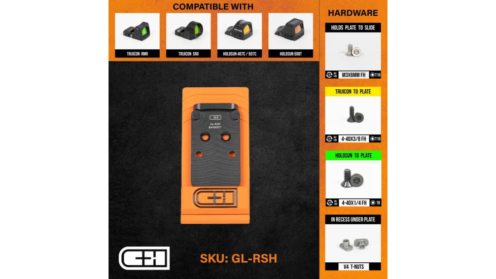 C&amp;H Precision Weapons V4 MIL/LEO Adapter Plate, Glock MOS, Trijicon RMR, SRO, Holosun 407C, 507C, 508C, 508T, Black, GL-RSH