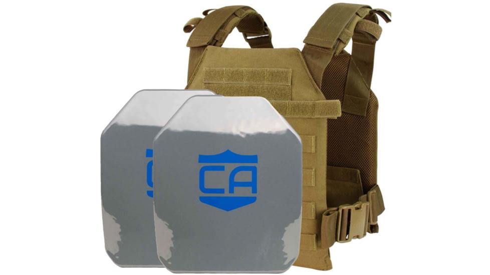 Caliber Armor AR550 Level III+ Quick Response Package w/PolyShield Spall Coat, SAPI Style, Coyote Brown, Medium/2XL, 19-AR550-QRP-SAPI-SPC-CB