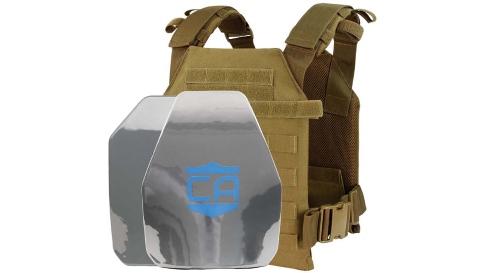 Caliber Armor AR550 Level III+ Quick Response Package w/PolyShield Spall Coat, SAPI Style + Shooter Cut, Coyote Brown, Medium/2XL, 19-AR550-QRP-SAPI-SC-SPC-CB