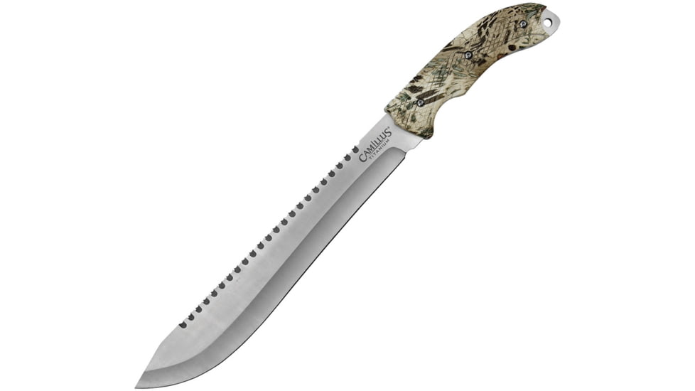 Camillus Knives Hide Machete Fixed Blade Knife, 17in Overall, 12in Titanium Coated 420 SS Blade, Prym1 Camo Handle, Quadruple Edge Grind Sawback Blade, Black Nylon Belt Sheath, Prym1 camo, 19840