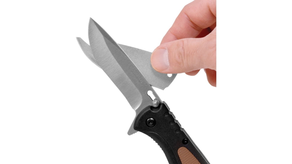 Camillus Knives TigerSharp Linerlock Folding Knife, 3in Satin SS Drop Point, Black Frn Handle, Brown Rubber Handle Insert, One Standard Edge And One Serrated Replaceable Blade, Black, 19131