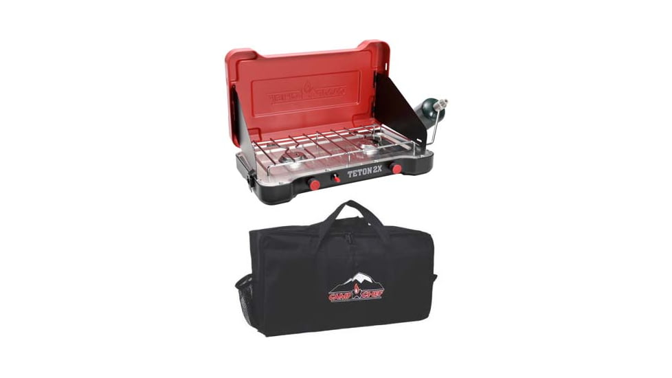 Camp Chef Mountain Series Teton 2X Two-Burner Cooking System, Black/Red, with Black Carry Bag, CBMS