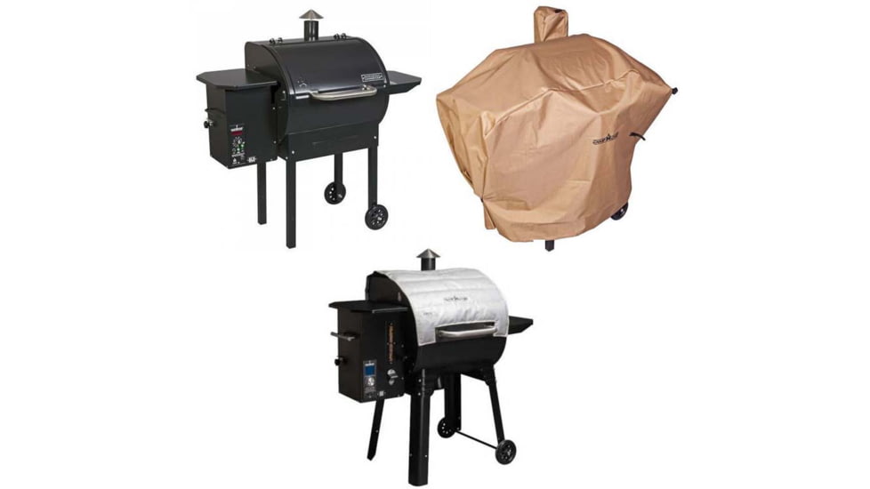 Camp Chef Pellet Grill &amp; Smoker DLX, Black, with Tan Patio Cover, PCPG24L, and Blanket for 24in Pellet Grills, Grey, PG24BLKL