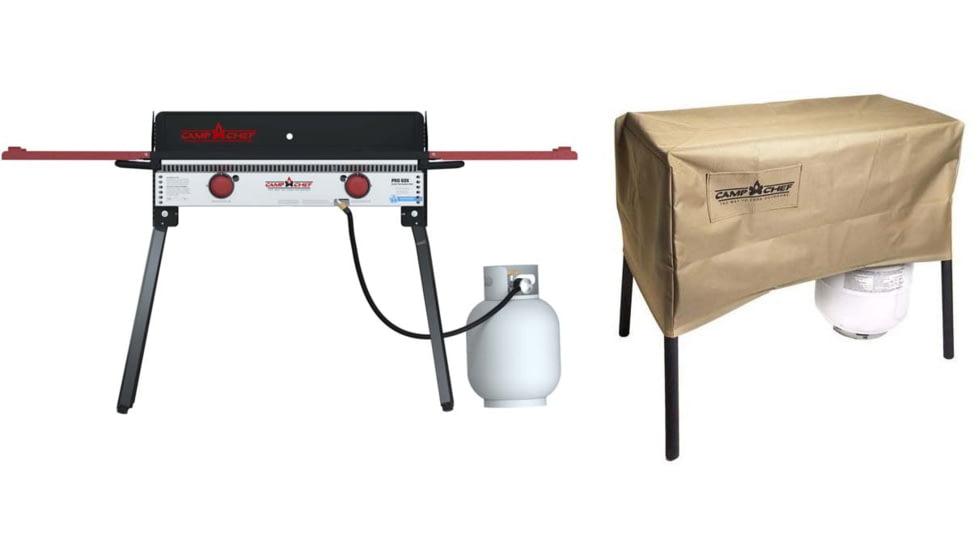 Camp Chef Pro 60X - 2 Burner Stove, Black and Red, with Tan Patio Cover, PC32