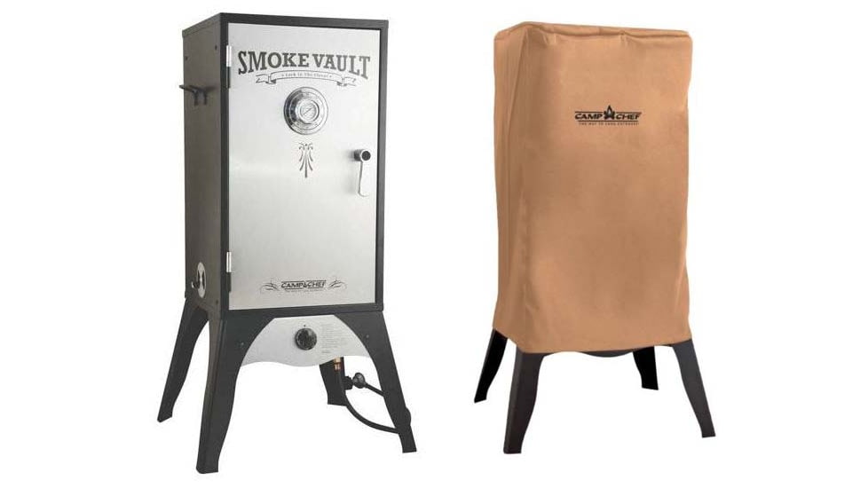 Camp Chef Smoke Vault Food Smoker, 18in, Silver/Black, with Tan Patio Cover, PC18