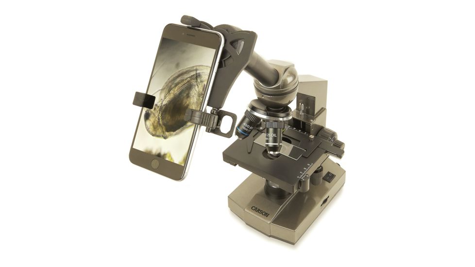 Carson 100-1000x Table Top Microscope w/Universal Smartphone Adapter for Microscopes, Black/Gray, MS-100SP
