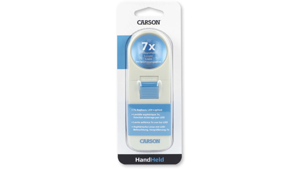 Carson Illuminated Handheld Magnifier, 7x Power, 1.5in Aspheric LED Lighted, Ivory/Blue, Small, SV-70