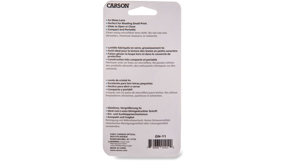 Carson Slide-OpenGlass Magnifier 4x w/Attached Case, Black, Small, GN-11