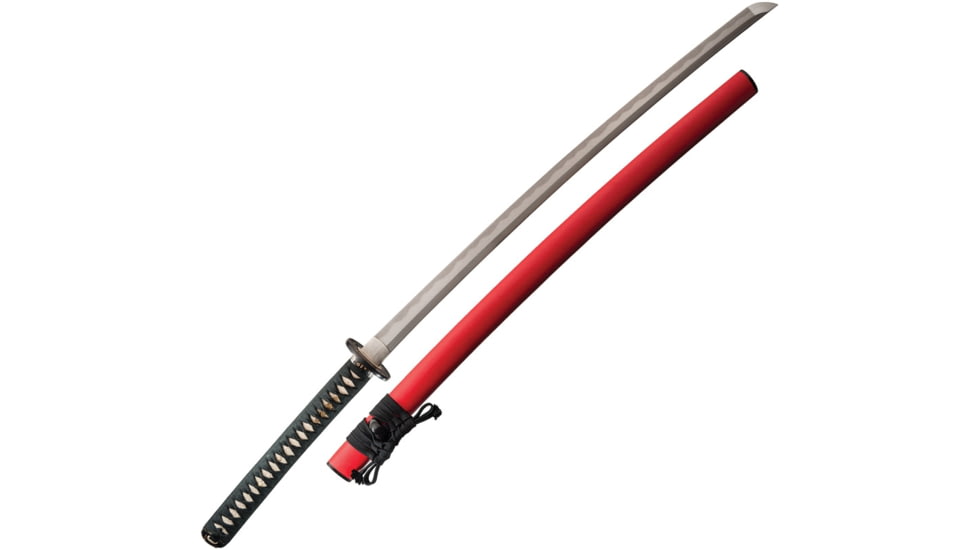 Cas Hanwei Takeda Shingen Kaa, 40.5in Overall, 27.13in 65Mn Steel Blade, Black Cotton Sageo Wrapped Rayskin Handle.Gold Tiger On Kashira, Red Wood Scabbard, Black, SH24950