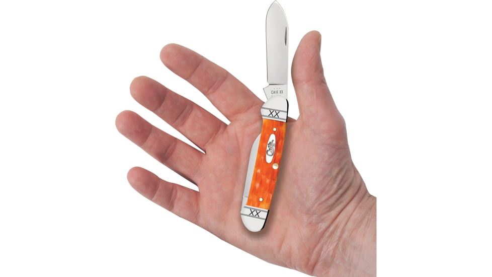 Case Canoe Cayenne Bone Folding Knife, 3.63in Closed, Mirror Spear/Pen Blades, Cayenne Crandall Jigged Bone Handle, 35818