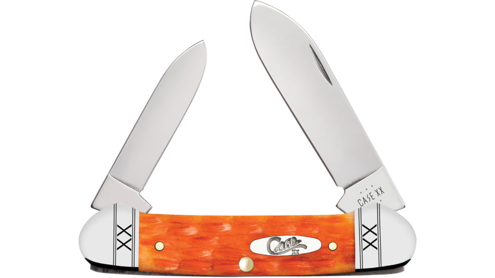 Case Canoe Cayenne Bone Folding Knife, 3.63in Closed, Mirror Spear/Pen Blades, Cayenne Crandall Jigged Bone Handle, 35818