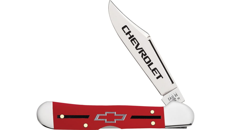 Case Chevrolet Mini Copperlock Folding Knife, 3.63in Closed, 2.72in, Mirror Locking Clip Blade, Red Smooth Synthetic Handle, 33706