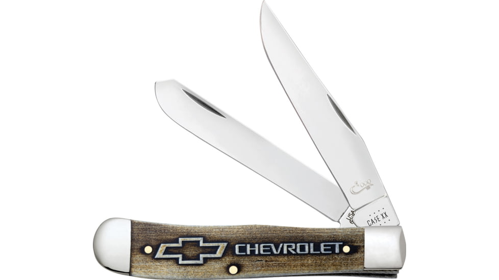 Case Chevrolet Trapper Gift Set, 4.13in Closed, Mirror Clip/Spey Blades, Amber Color Wash Natural Bone Handle, 33708