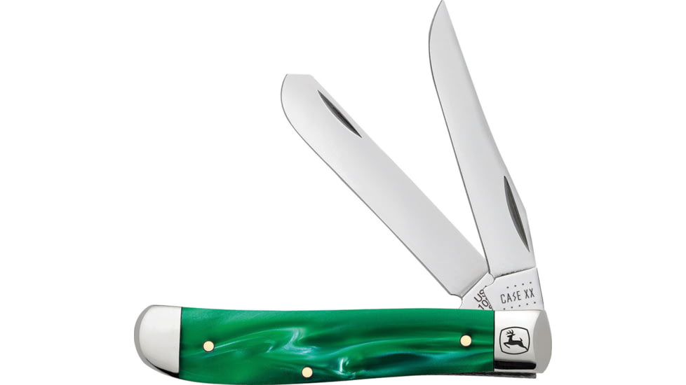 Case John Deere Mini Trapper Kirin Folding Knife, Mirror finish stainless clip and spey blades, Green smooth Kirinite handle, 15773