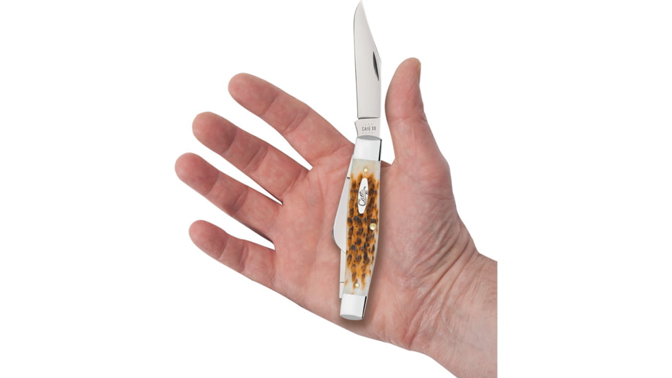 Case Large Stockman Amber Bone Folding Knife, 4.25in Closed, Mirror Clip/Sheepsfoot/Spey Blades, Amber Jigged Bone Handle, 10724
