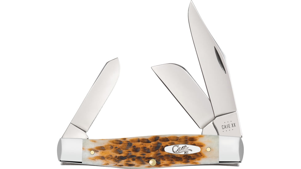 Case Large Stockman Amber Bone Folding Knife, 4.25in Closed, Mirror Clip/Sheepsfoot/Spey Blades, Amber Jigged Bone Handle, 10724
