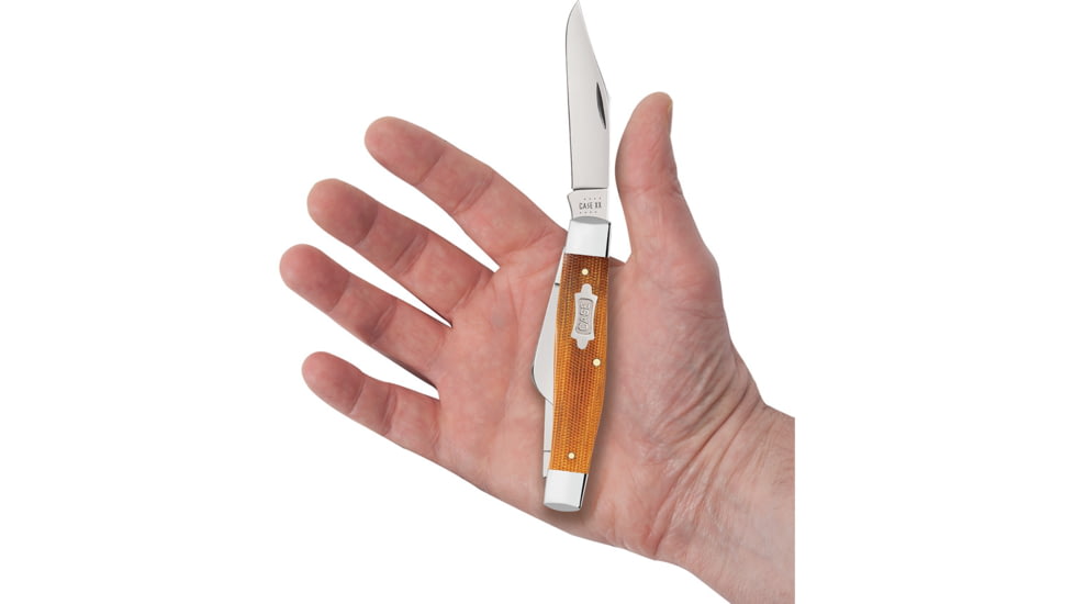 Case Large Stockman Micarta Folding Knife, 4.25in Closed, Mirror Clip/Sheepsfoot/Spey Blades, Natural Canvas Micarta Handle, 23693