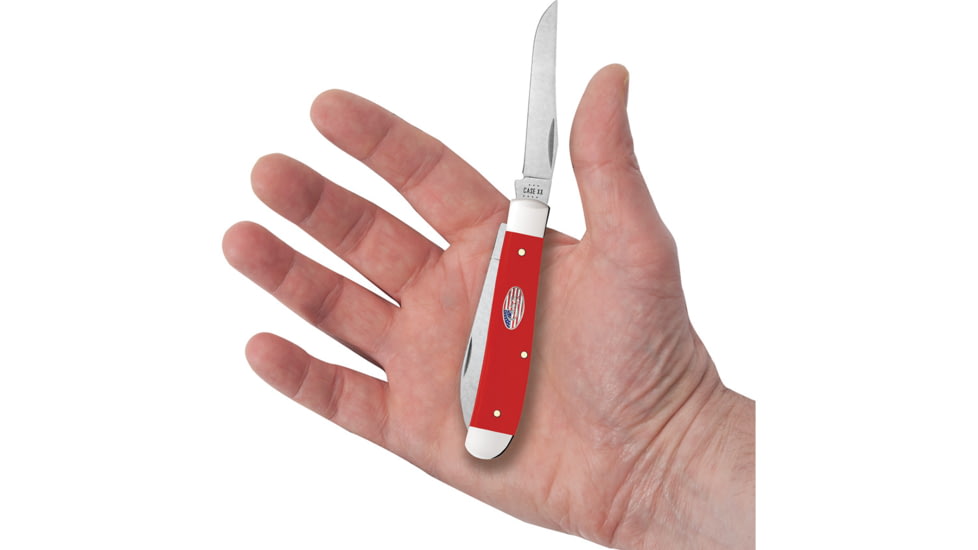 Case Mini Trapper American Workman Folding Knife, 3.5in Closed, Carbon Steel, Stonewash Clip/Wharncliffe Blades, Red Smooth Synthetic Handle, 73927