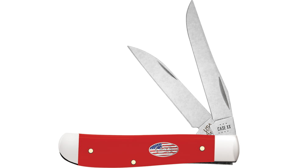 Case Mini Trapper American Workman Folding Knife, 3.5in Closed, Carbon Steel, Stonewash Clip/Wharncliffe Blades, Red Smooth Synthetic Handle, 73927