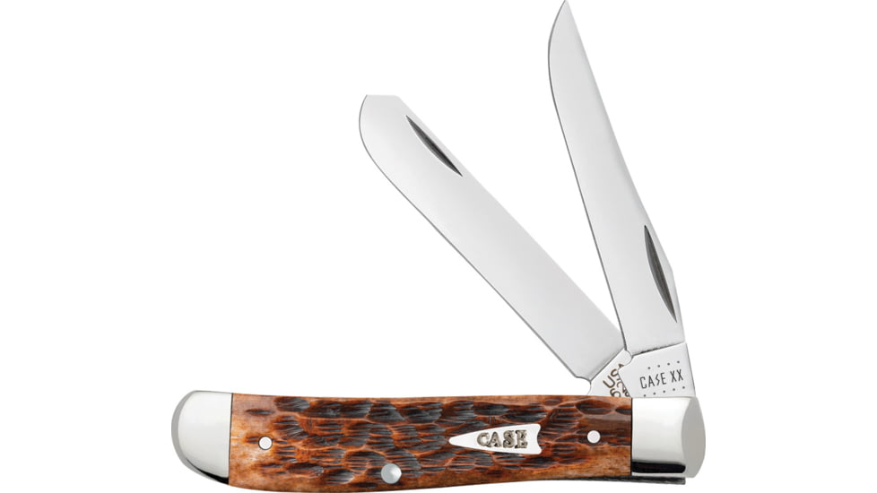 Case Mini Trapper Brown Peach Seed Folding Knife, 3.5in Closed, Mirror Clip/Spey Blades, Brown Peach Seed Jigged Bone Handle, 42652