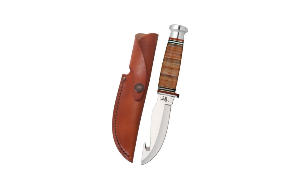 Case Mushroom Cap Leather Hunter Gut Hook Blade, 375-4G SS w/Leather Sheath, 10340