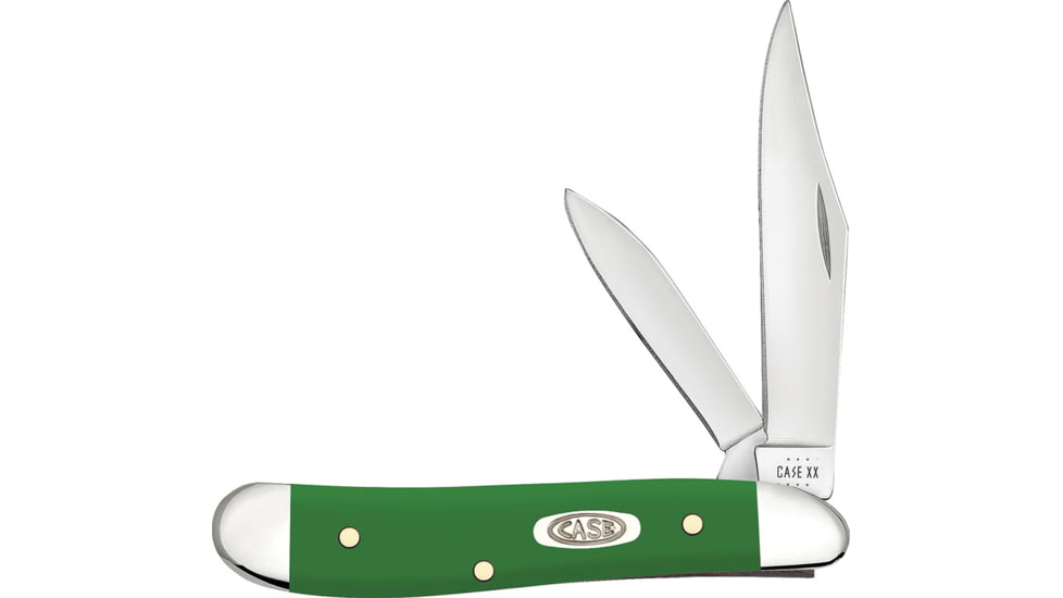 Case Peanut Green Synthetic Folding Knife, 2.88in Closed, Mirror Clip/Pen Blades, Green Smooth Synthetic Handle, 53393