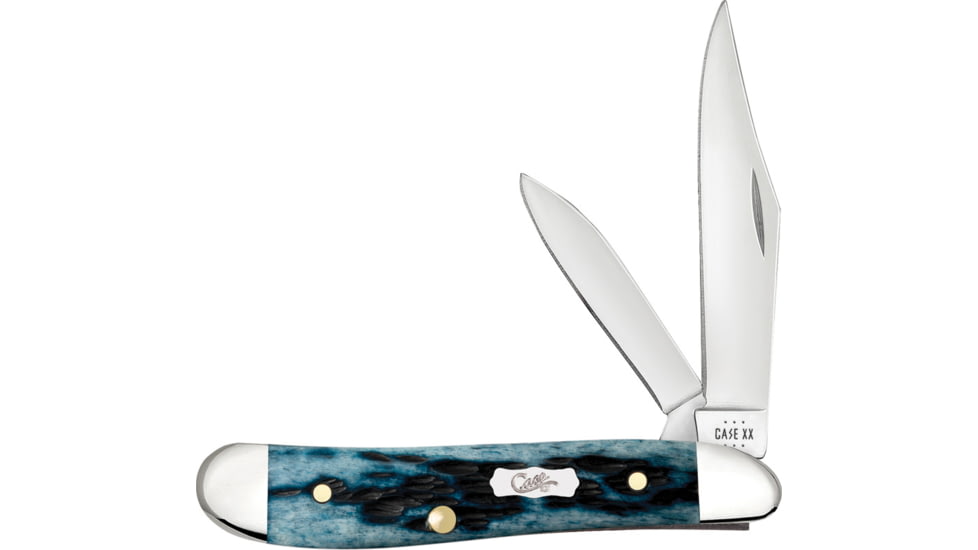 Case Peanut Mediterranean Blue Folding Knife, 2.88in Closed, 2.1in/1.53in, Mirror Clip/Pen Blades, Pocket Worn Mediterranean blue Jigged Bone Handle, 51858