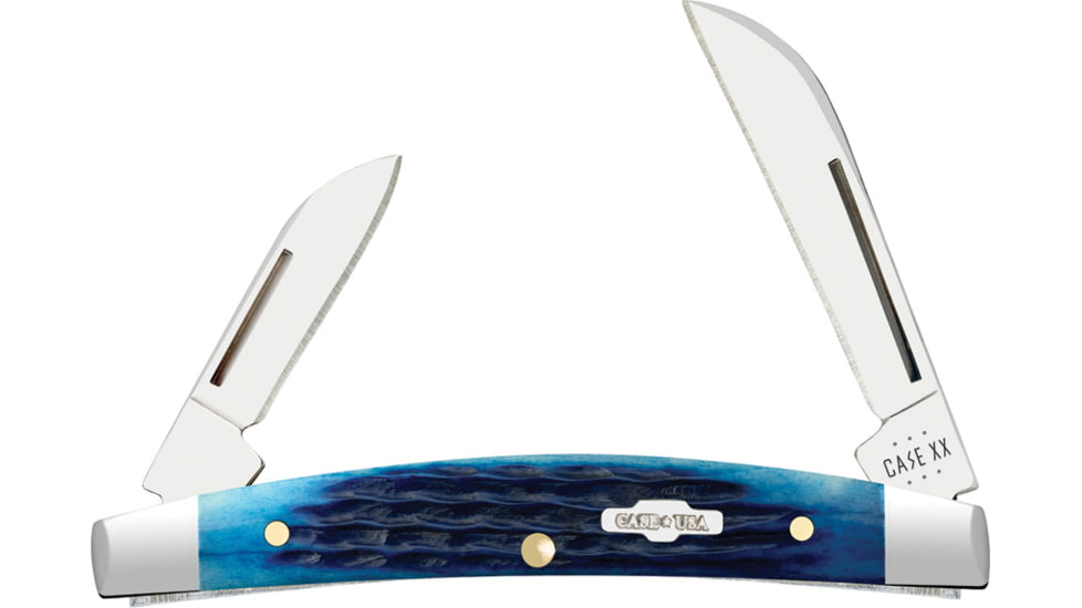 Case Small Congress Blue Bone Folding Knife, 3.13in Closed, 1.86in/1.37in, SS, Mirror Sheepsfoot/Pen Blades, Blue Jigged Bone Handle, 2845
