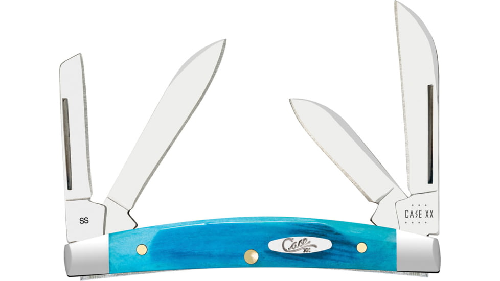 Case Sm Congress Carib Blue Folding Knife, 3.13in Closed, Mirror Sheepsfoot/Spear/Pen/Coping Blades, Caribbean Blue Sawcut Bone Handle, 25586