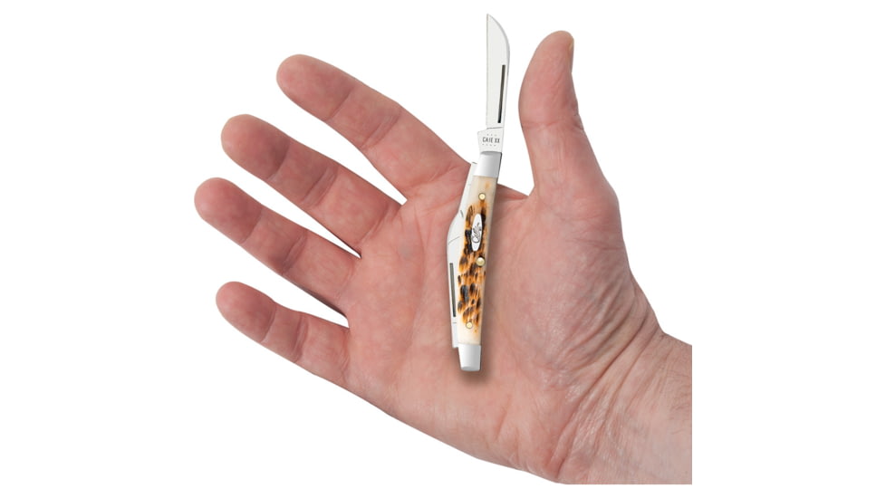 Case Small Congress Amber Jig Folding Knife, 3.13in Closed, Mirror Sheepsfoot/Spear/Pen/Coping Blades, Amber Jigged Bone Handle, 10723
